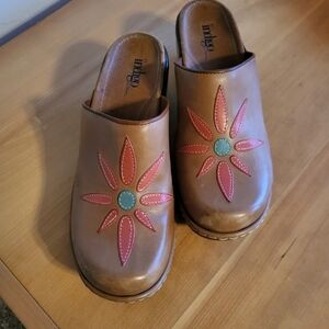 Clark's Indigo slip on glogs, Size 8 Medium with a bit of heel, for women